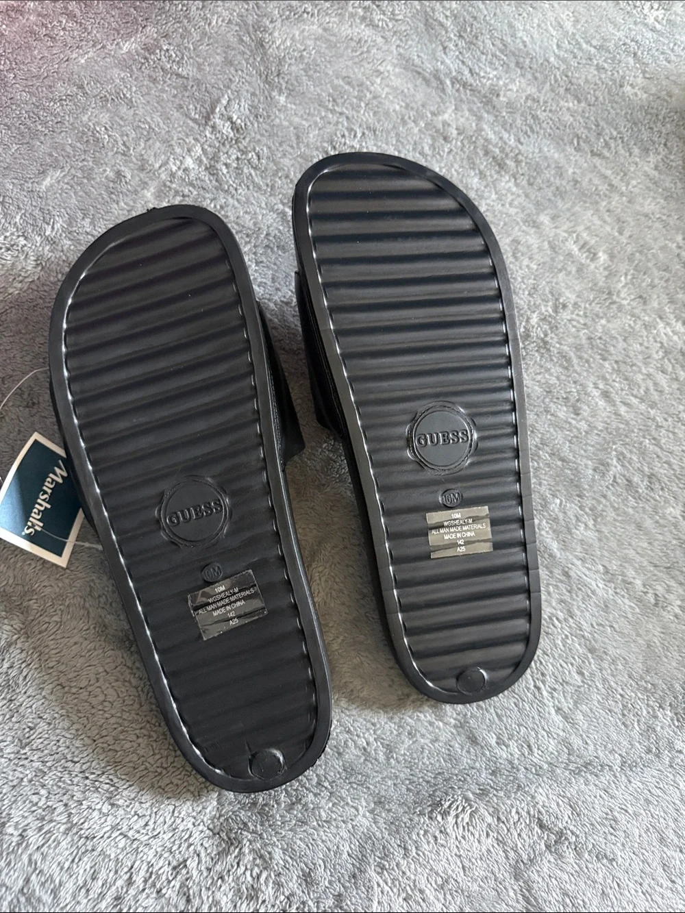GUESS Black Slide Sandals with Gold Heart Studs. Size 10 women’s. New with tags
